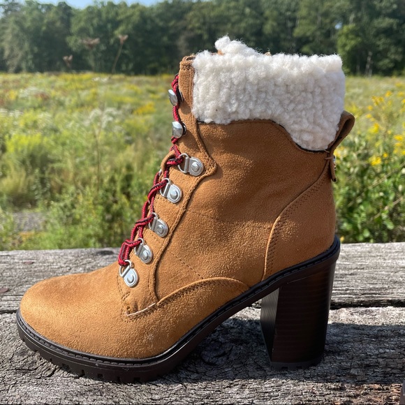 8 10 NWT Nine West tan chunk heel faux fur suede vegan moto combat boots - Picture 3 of 13